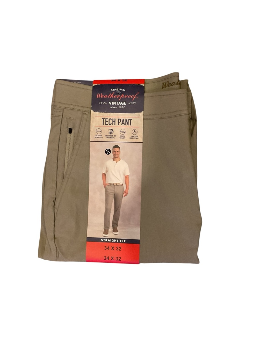 Weatherproof Vintage Mens Tech Pant Tan Straight Fit Water Resistant 34x32 NEW